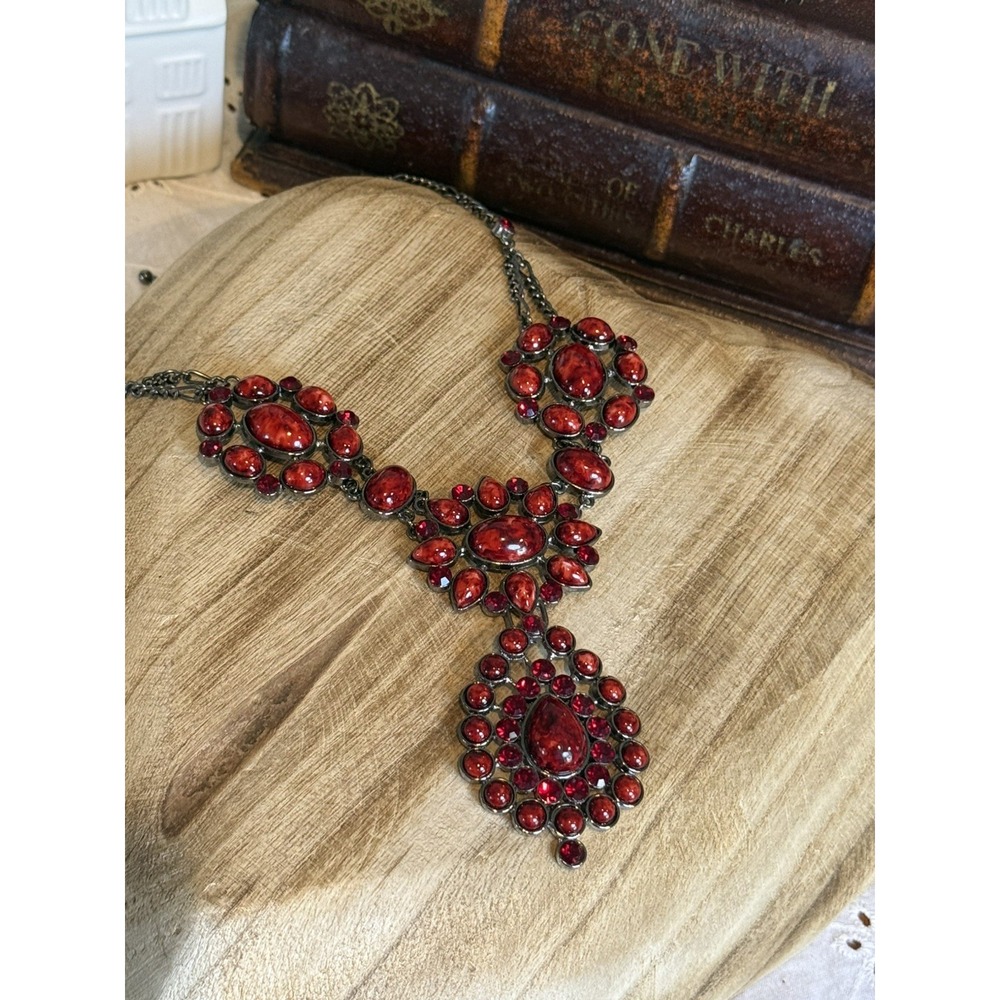Vintage Red Cabochon Statement Necklace Silver Tone Gothic‎ Victorian Style 23"